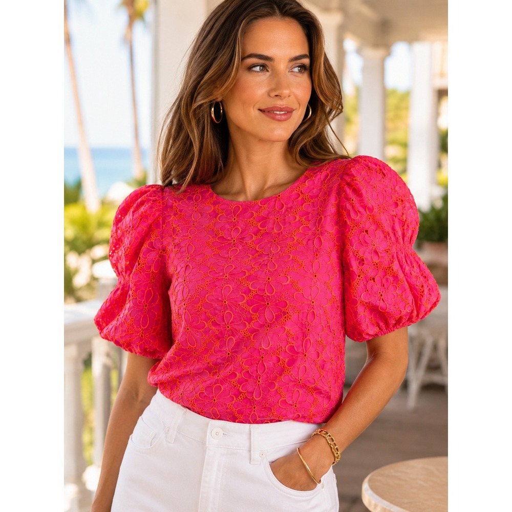Lilly Pulitzer Lailah Eyelet Puff Sleeve Floral‎ Blouse Pink Orange Medium Neon